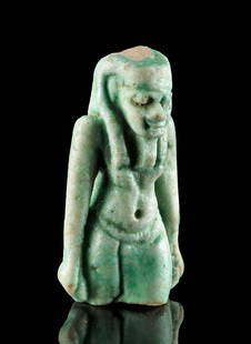 Egyptian Glazed Faience Striding Goddess: Egypt, Late Dynastic Period, 26th to 31st Dynasty, ca. 664 to 332 BCE. A fragmentary, mold-formed faience goddess figure, perhaps Isis or her sister Nephthys. The woman stands in a classic striding