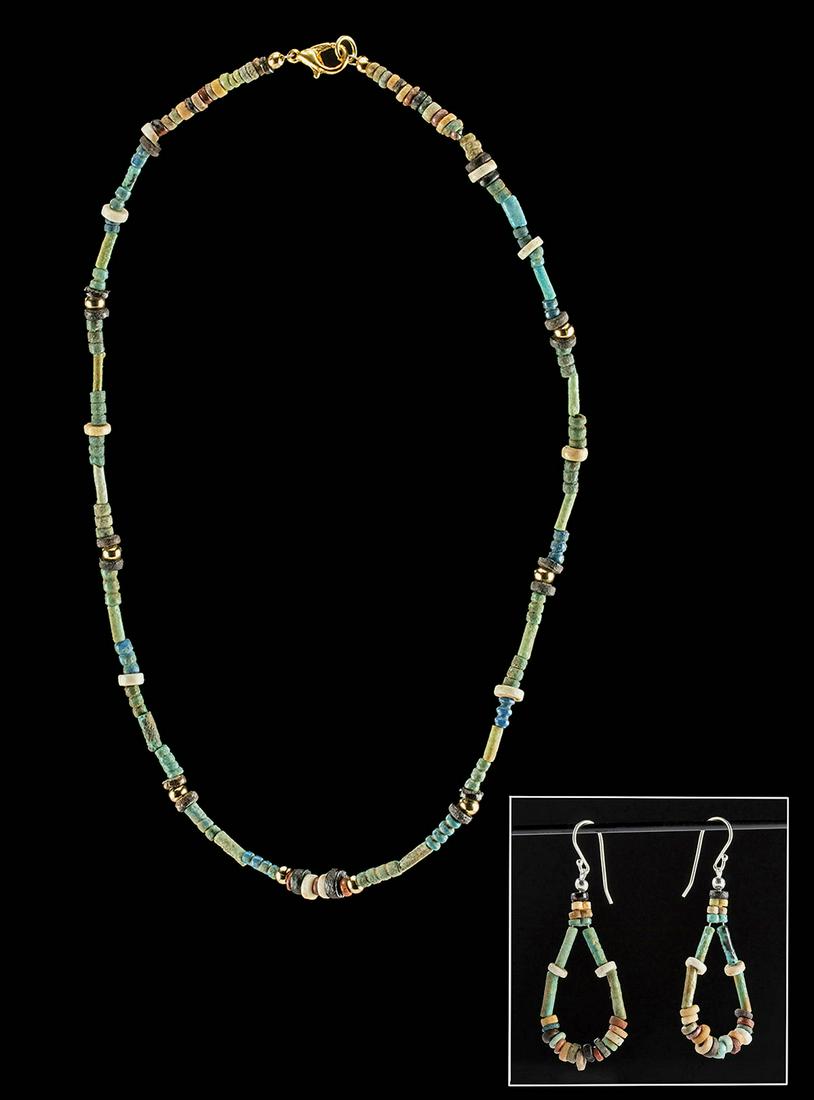 Egyptian Faience Bead Necklace + Earrings: Ancient Egypt, Third Intermediate to Late Dynastic Period, 21st to 31st Dynasty, ca. 1070 to 332 BCE. A fine collection of lovely petite faience beads strung together as wearable earrings and a dazzli