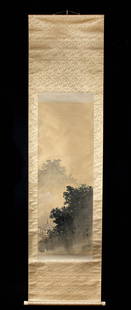 19th C. Japanese Scroll Painting - Misty Mountains: **Originally Listed At $200** East Asia, Japan, unidentified Nihonga school artist, dated by style late 19th to early 20th century. A charming Japanese scroll painting (kakejiku), finely painted in in