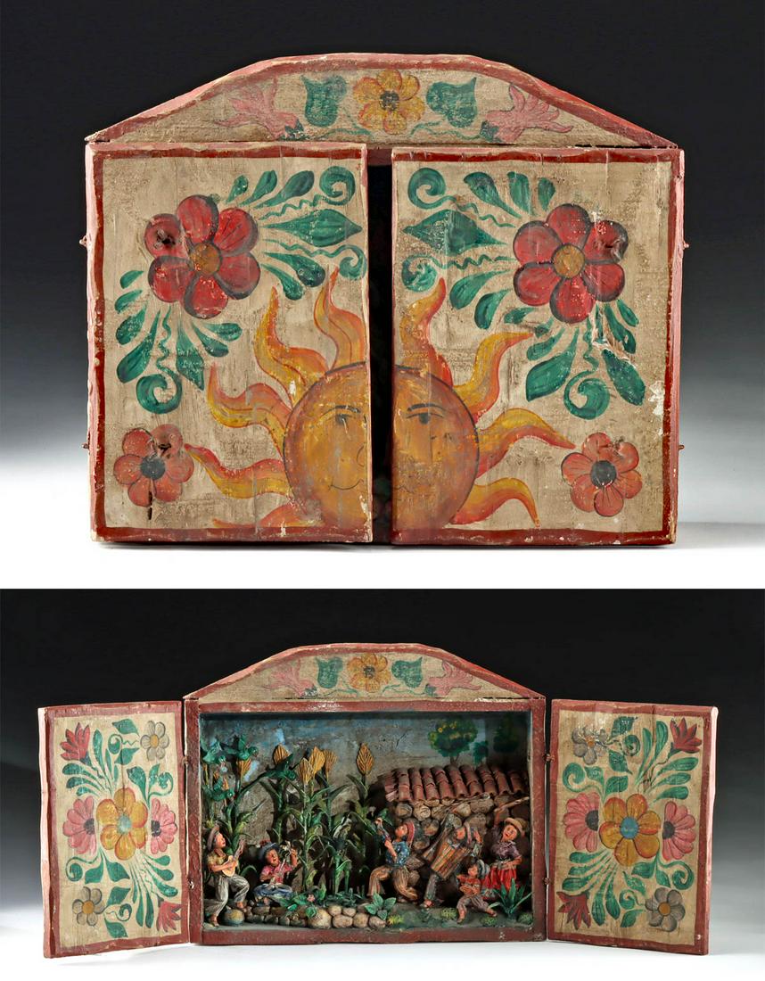 1930s Guatemalan Painted Wood Nicho / Diorama Jiminez: Central America, Guatemala, ca. 1930 CE. What a delightful diorama depicting the life of a farm family. Wooden box brightly painted on the exterior doors with large sun and flowers. Opened, the box sh