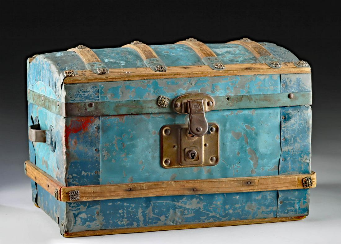 19th C. New Mexican Painted Wood Trunk w/ Tin Trim: Spanish Colonial, New Mexico, ca. 19th century CE. Quite adorable and charming wood and tin box, perhaps made to store the precious belongings of a young child. Wood box covered in tin with twin tin h