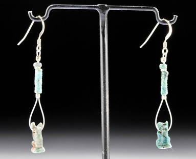 Egyptian Faience Bead Earrings w/ Bastet Amulets (pr): Egypt, Late Dynastic Period, 26th to 31st Dynasty, ca. 664 to 332 BCE. A fabulous pair of wearable earrings formed with ancient Egyptian faience beads. Each earring consists of a blue-green faience