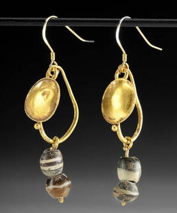 Pair of Roman Gold, Glass & Agate Earrings: Roman, Imperial Period, ca. 2nd to 3rd century CE. A stunning pair of 93.7 to 94% gold (equivalent to 22K+) shield earrings with wire hoops and dangling glass and agate beads. The earrings are
