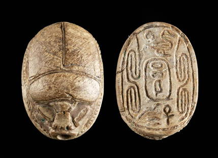 Egyptian Second Intermediate Steatite Scarab for Sheshi: Ancient Egypt, Second Intermediate Period, 14th or 15th Dynasty, reign of Pharaoh Sheshi (Maat-ib-Re), ca. 1648 to 1539 BCE. A hand-carved steatite scarab amulet for Pharaoh Sheshi whose