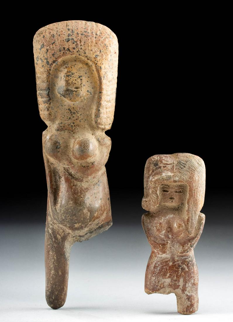 Pair of Valdivian Terracotta Venus Figures: Pre-Columbian, Ecuador, Valdivian, ca. 1500 BCE. A pair of near miniature terracotta "Venus" figures, each one solid-molded and skillfully rendered to present a nude female figure with ample breasts, 