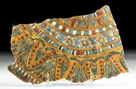 Egyptian Polychrome Cartonnage Collar Fragment: Egypt, Late Dynastic to Ptolemaic Period, ca. 664 to 30 BCE. An ornately decorated section of a collar from an inner mummy case created with cartonnage, a material made from papyrus or linen and
