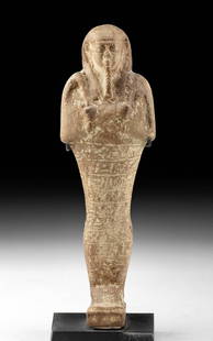Egyptian Glazed Faience Ushabti for Djehoti: Egypt, Late Dynastic Period, 29th to 30th Dynasty, ca. 398 to 343 BCE. A grand funerary figure known as an ushabti that was mold-formed from lightweight faience and enveloped with blue-green glaze at