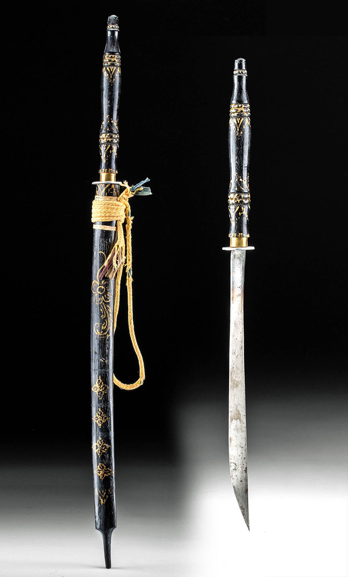 Early 20th C. Thai Iron Dha Sword w/ Painted Sheath (1 of 8)