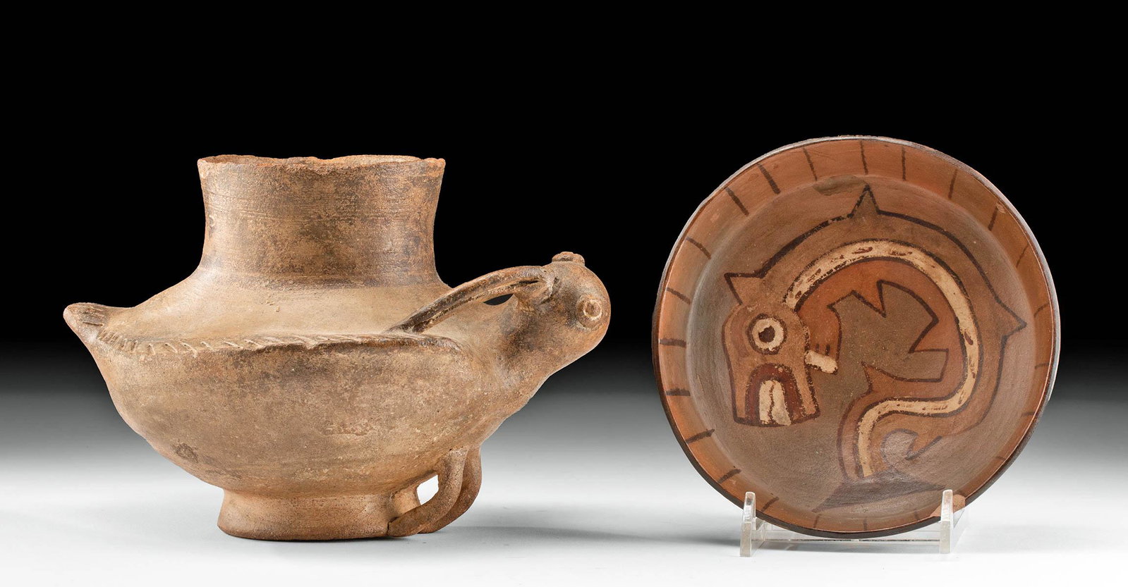 Colima Pottery Jar w/ Bird & Nazca Pottery Dish w/ Orca: 100% of the Buyer's Premium of all lots sold in this auction will be donated to Community Food Share by Artemis Gallery. $1.00 = 3 meals! **First Time At Auction** Pre-Columbian, West Mexico, Colim