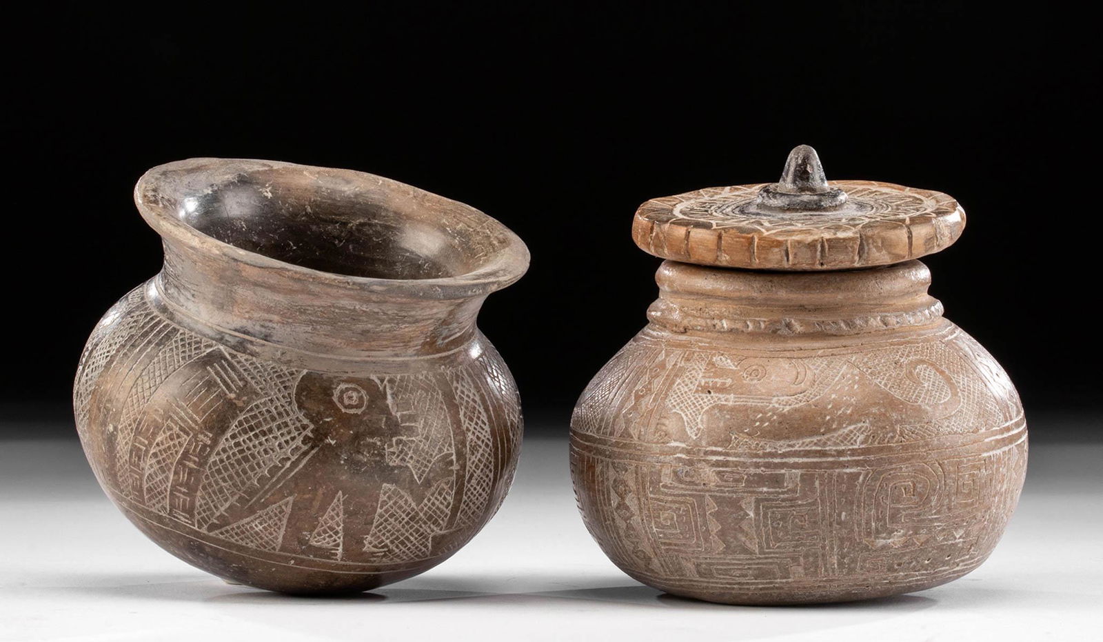 Two Guangala Incised Pottery Vessels w/ Lid (1 of 6)