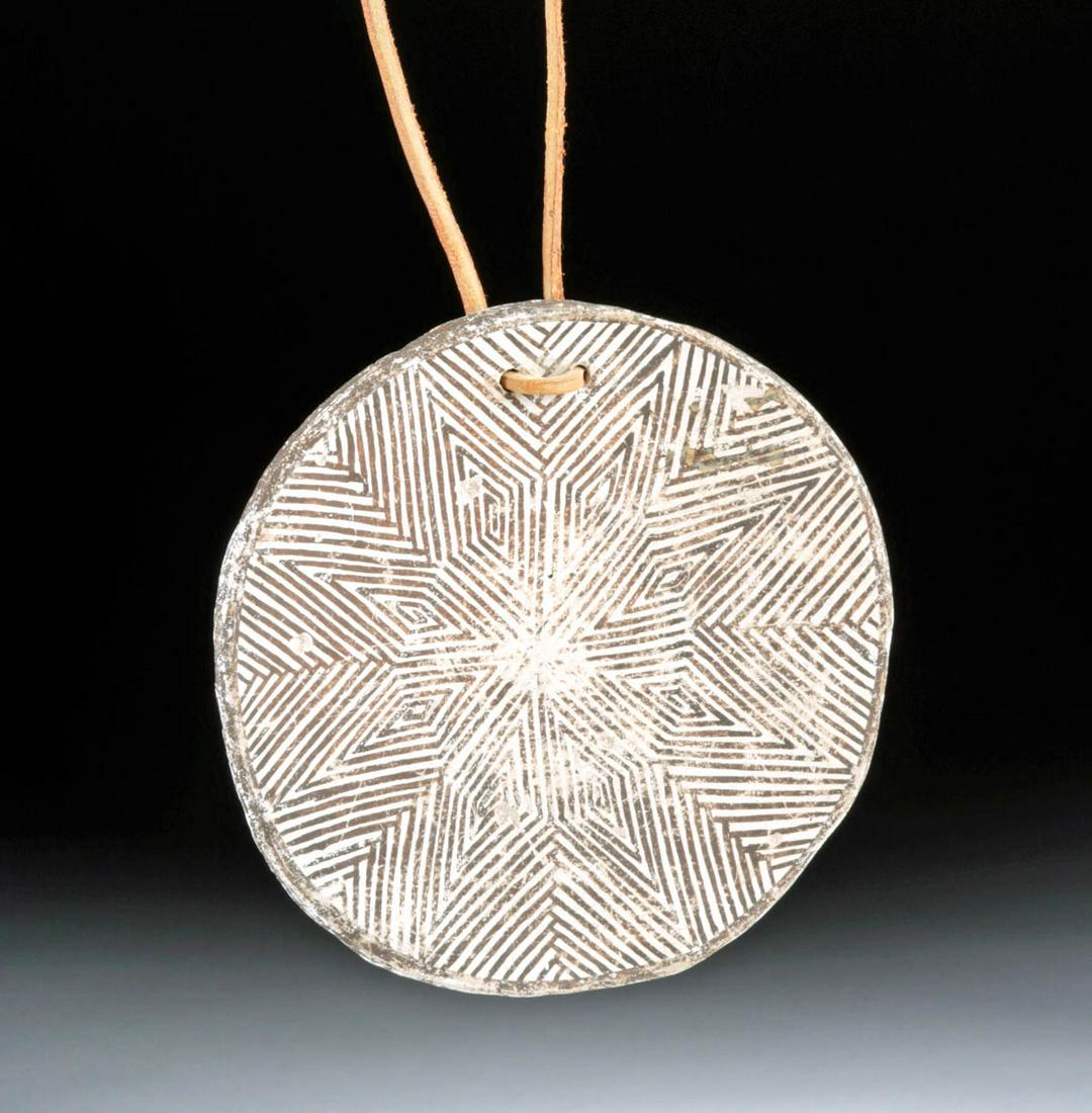 20th C. Acoma Painted Pottery Disc, Signed E. Vallo: **Originally Listed At $200** Native American, US Southwest, New Mexico, Acoma Pueblo, ca. 1950 CE, signed by Miss E. Vallo (active mid-20th century). An evocative ceramic painted disc pendant with le
