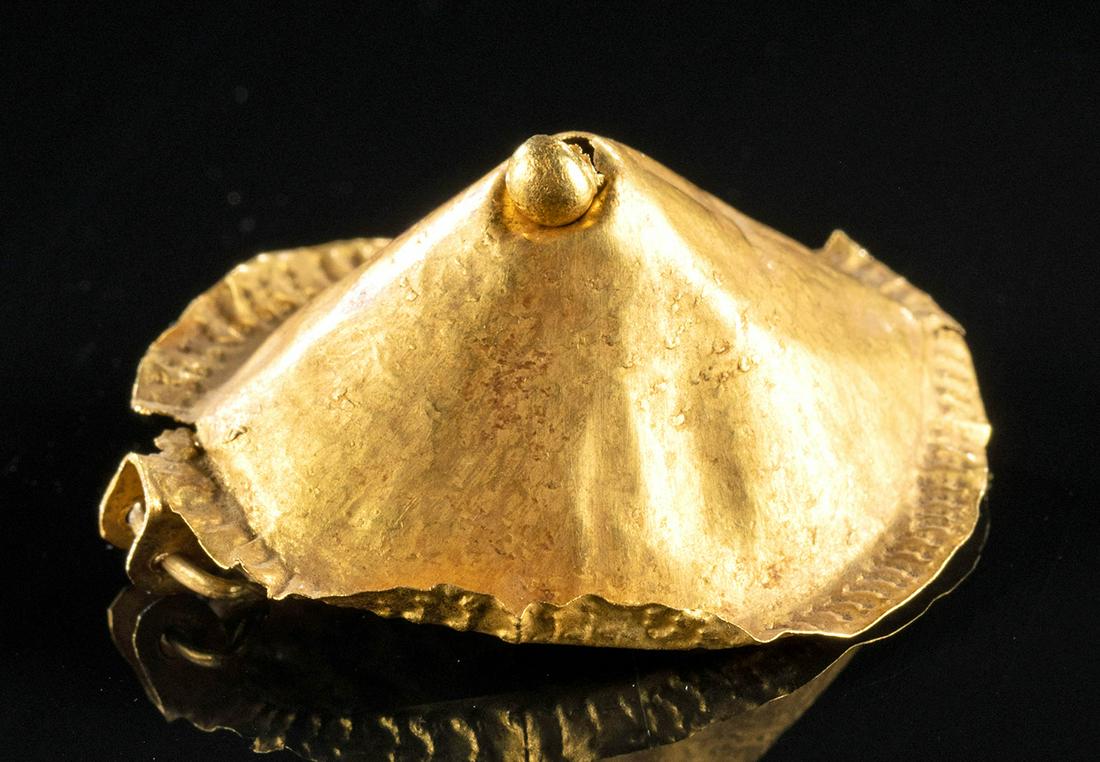 Greek Gold Brooch of Mastoid Form, ex-Bonhams: **Originally Listed At $600** Ancient Greece, Hellenistic, ca. mid 4th century BCE. A beautiful conical/mastoid brooch made from finely hammered 83.6% gold sheet (equivalent to 20K+ gold) with a large