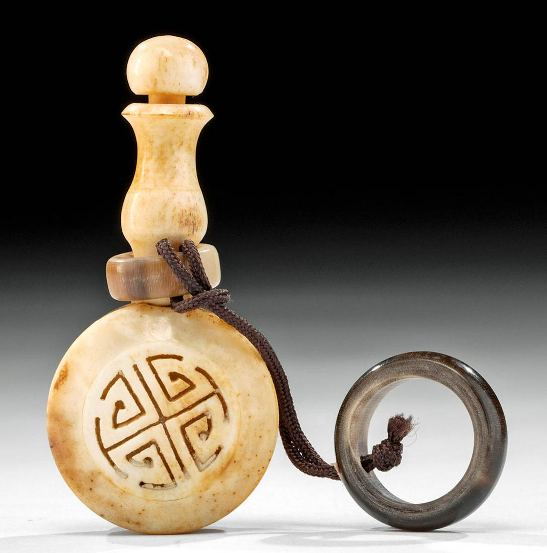 19th C. Chinese Bone Snuff Bottle w/ Thumb Ring: **Originally Listed At $200** East Asia, China, ca. 1910s. An antique snuff bottle carved from bovine or ungulate bone in the shape of a rattle with a ring attached to the rattle connected to another 