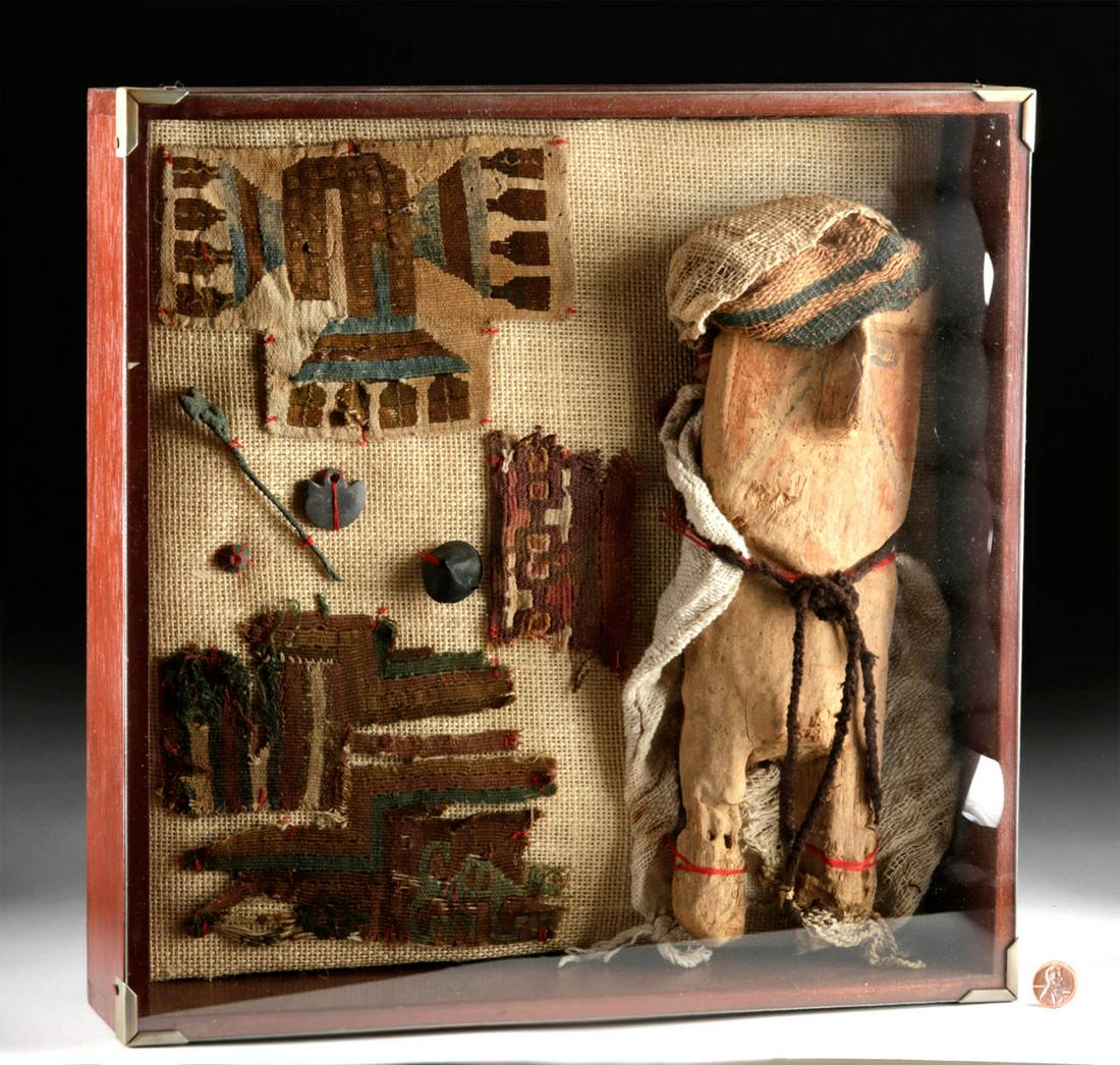 Lot of 8 Framed Chancay Wood, Textile & Copper Items: **Originally Listed At $500** Pre-Columbian, Central Coast Peru, Chancay, ca. 800 to 1200 CE. A fine ensemble of intriguing items from the ancient Chancay. First are two small beads formed from cast-c
