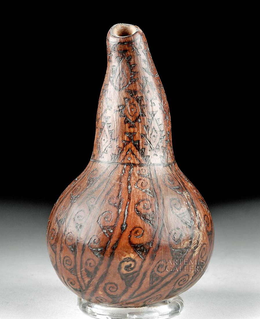 Chimu Gourd Vessel w/ Pyro-Engraved Motifs: **Originally Listed At $250** Pre-Columbian, Central Coast Peru, Chimu, ca. 1100 to 1470 CE. A fine vessel formed from a hollow gourd with a round base, a spherical body. A tapering conical neck, and 