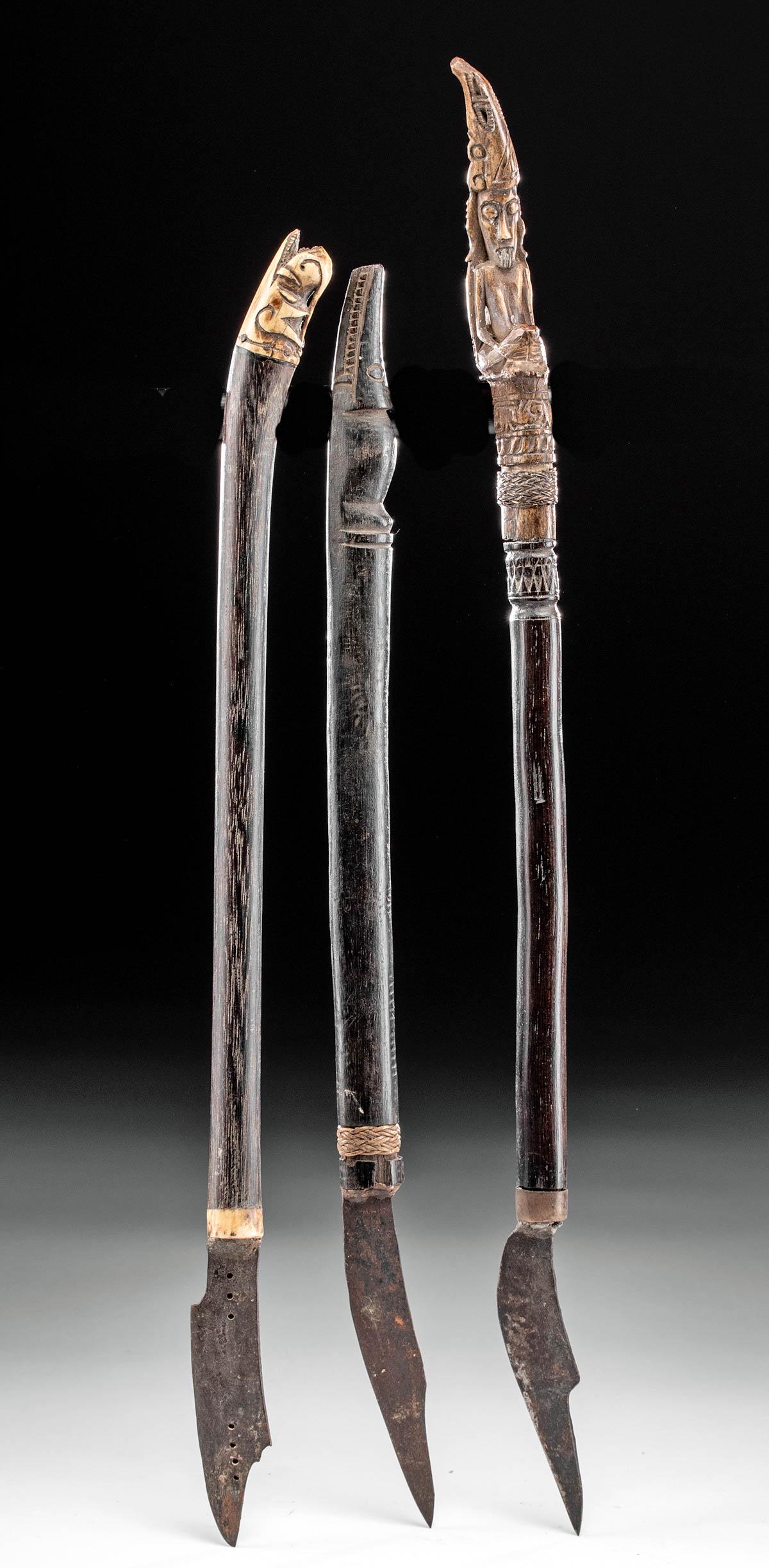 3 Late 19th C. Borneo Dayak Wood & Antler Pisau Raut: **Originally Listed At $300** Southeast Asia, Indonesia, Borneo, Kalimantan or Sarawak region, Dayak people, ca. late 19th to early 20th century CE. A gathering of three carving knives known as pisau 