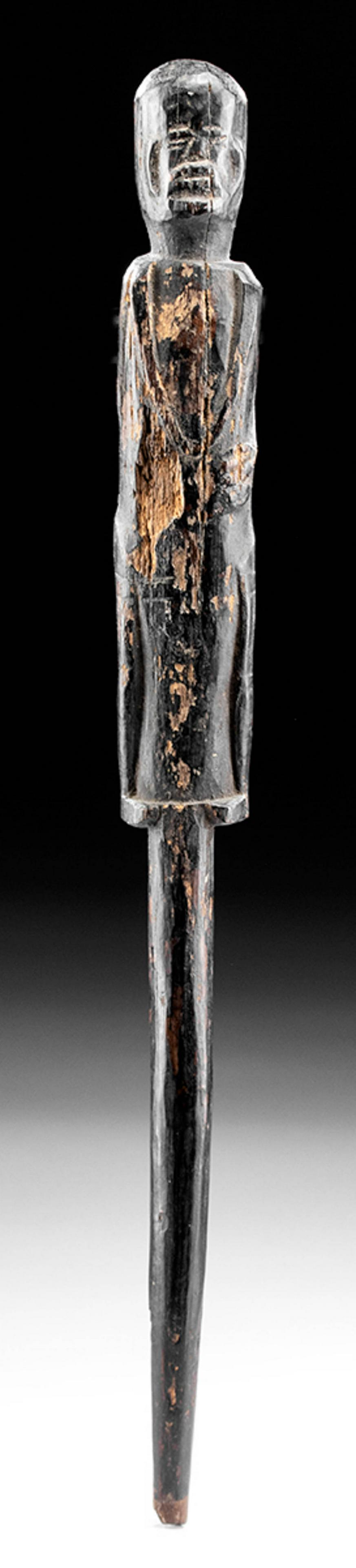 20th C. Borneo Iban Dayak Wooden Tun Tun Trap Charm: **Originally Listed At $200** Southeast Asia, Indonesia, Borneo, Central Kalimantan, Iban Dayak peoples, ca. first half of the 20th century CE. A fine example of a hand-carved wooden charm rod known a