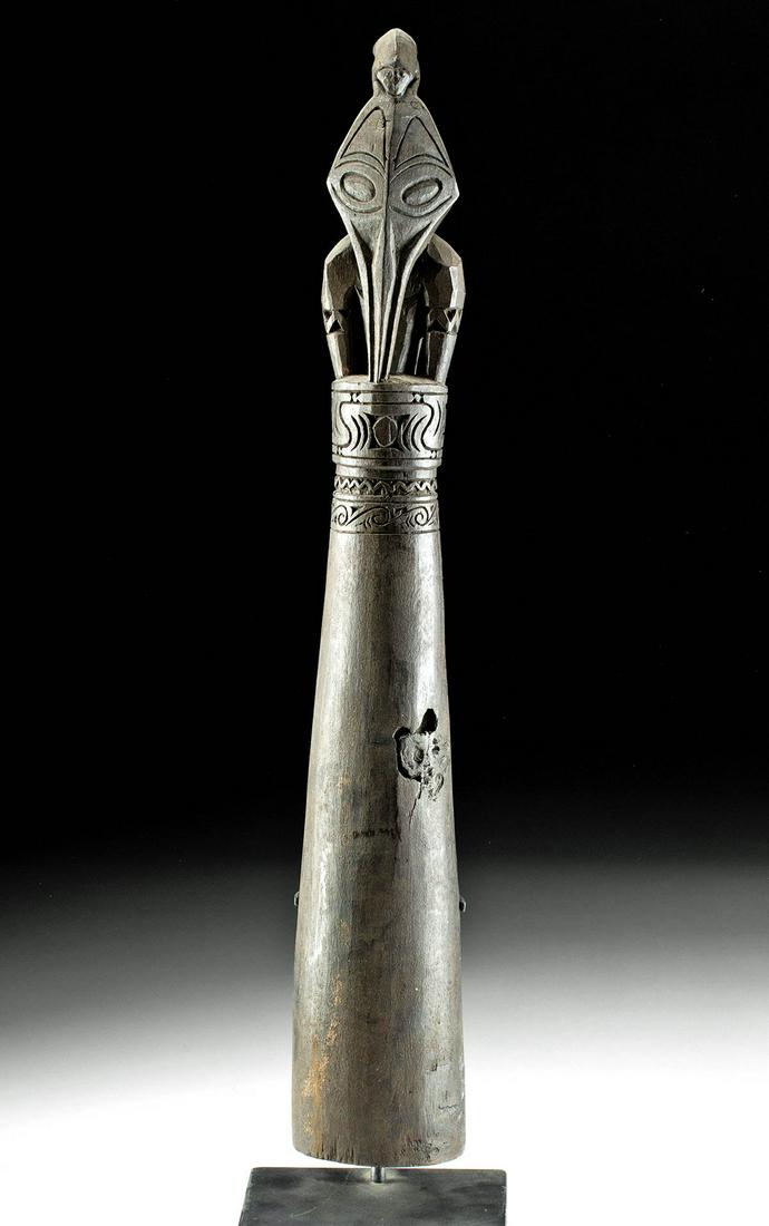 20th C. Papua New Guinea Wood Food Pounder w/ Figure: **First Time At Auction** Oceania, Papua New Guinea, Sepik River, Iatmul people, ca. mid-20th century CE. A hand-carved wooden food pounder of conical form surmounted by a skillfully carved bust of a