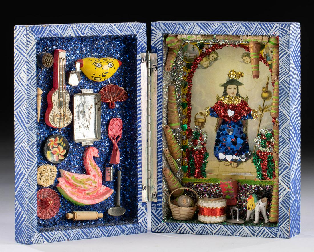 Antique Mexican Wood Retablo Box - Nino de Atocha: **First Time At Auction** Latin America, Mexico, 1920. A lovely Mexican retablo in the form of a box with an image of El Nino de Atocha (Holy Child of St. Atocha) sitting in a chair wearing his tradit