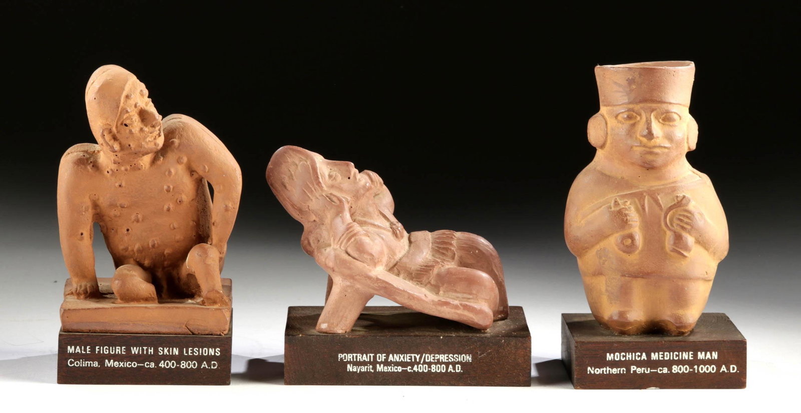 20th C. "Pre-Columbian" Pottery Figures, Medical Models: **Originally Listed At $150** North America, ca. second half of the 20th century CE. Three mold-formed pottery figures that emulate Pre-Columbian figures of Western Mexico and Peru. First is a Nayarit