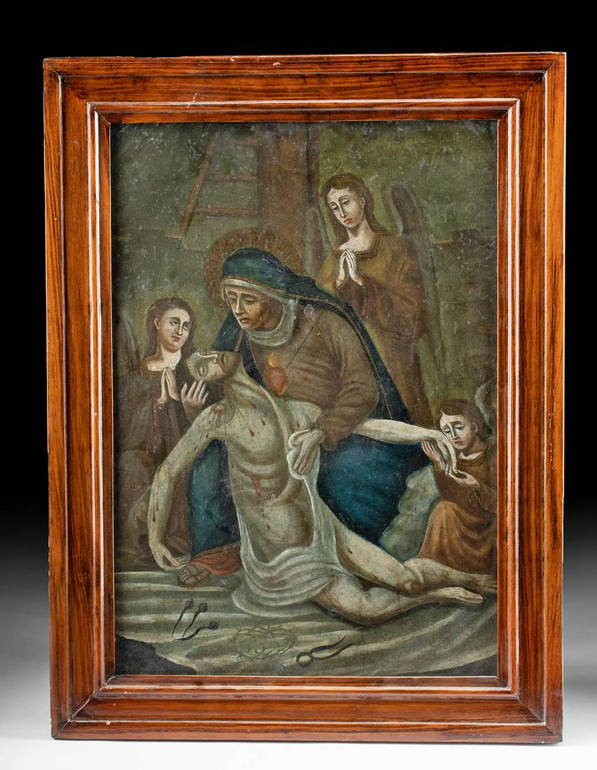 Framed Antique Mexican Tin Retablo, Lamentation / Pieta: Latin America, Mexico, ca. 19th century. A rare 19th century retablo painting on tin, depicting "La Piedad" also called "La Lamentacion." A classic rendition of la Piedad (Pieta for all you Italian Re