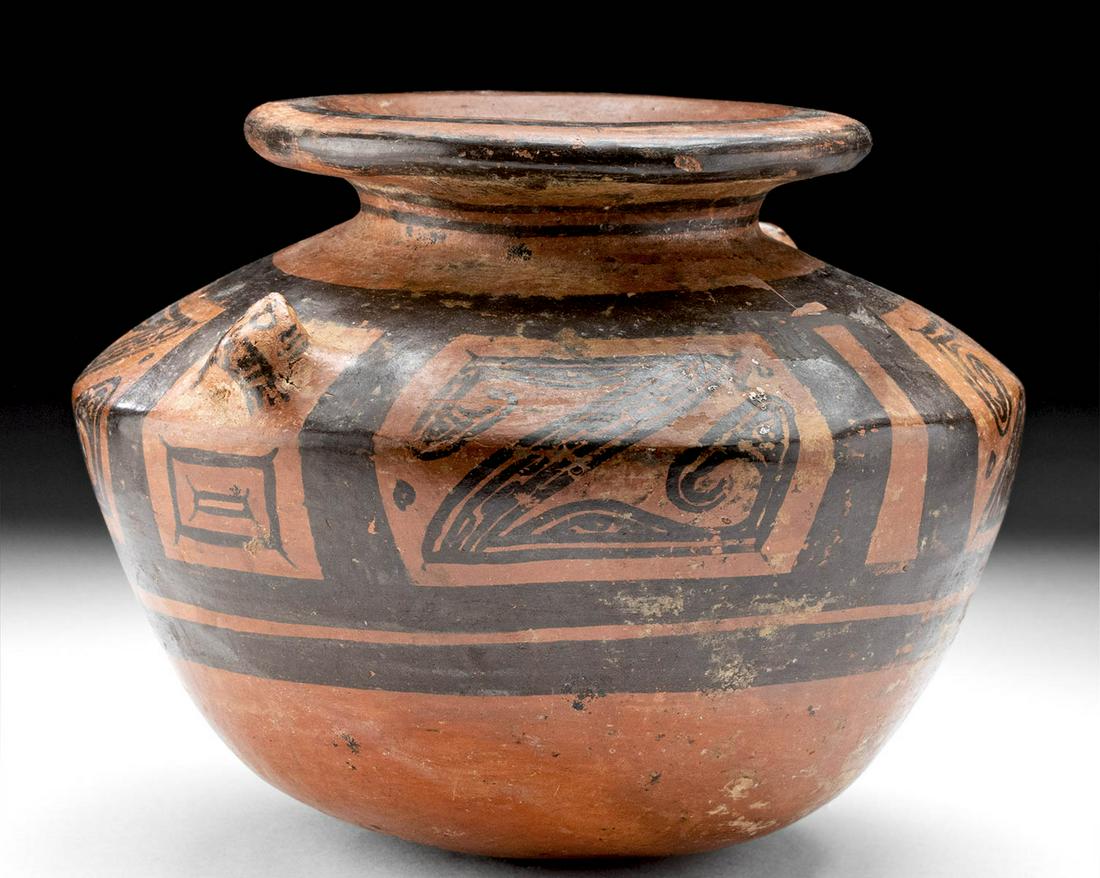 Published Cocle Tonosi Bi-chrome Olla: Pre-Columbian, Central America, Panama, Gran Cocle, Tonosi type, ca. 300 to 500 CE. A hand-built pottery olla with a round but stable base, a gentle carination beneath the high, sloped shoulder, and a