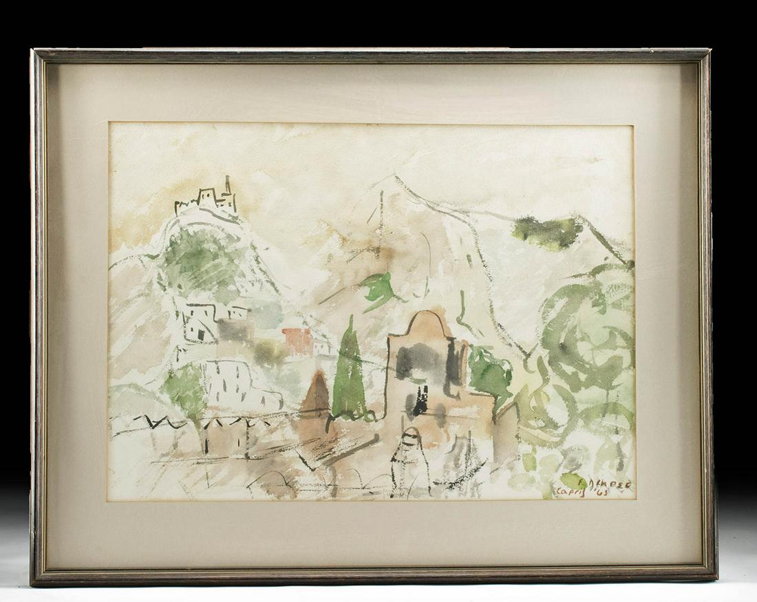 Framed Signed F. Draper Watercolor of Capri, 1963: Francesca Draper (American). "Capri, Italy" oil on canvas, 1963. Signed "F. Draper Capri '63" in black on lower right. A lovely watercolor of the Via Dei Castiglione on the isle of Capri, Italy - buil