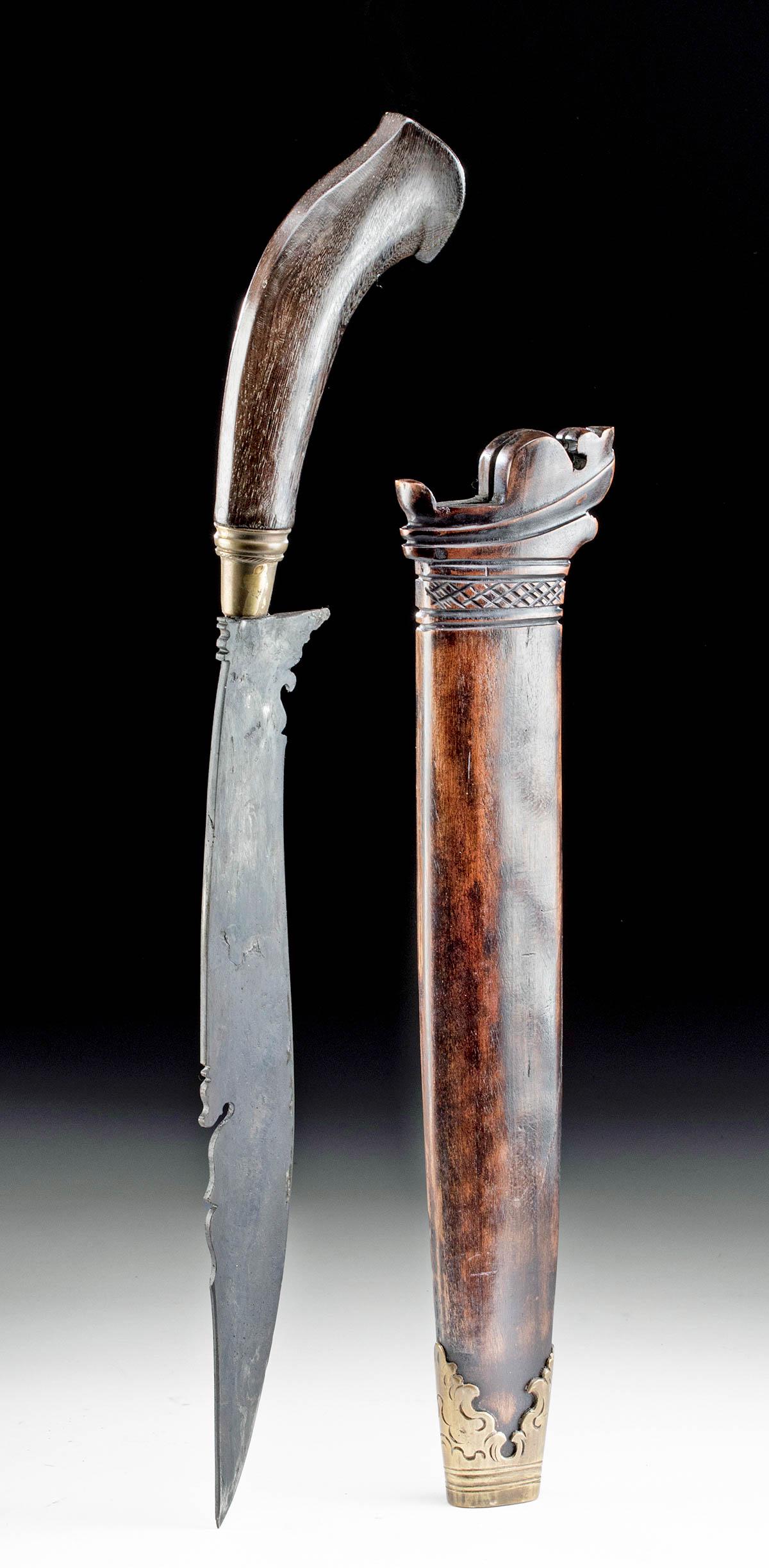 20th C. Indonesian Steel & Wood Badek w/ Sheath: Southeast Asia, Indonesia, probably Sumatra, ca. first half of the 20th century CE. A lovely example of a personal knife known as a badek (also badik) as well as a 'butterfly' knife due to its relativ
