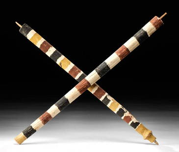 Egyptian Painted Gesso Crook & Flail Handles (pr): Egypt, Late Dynastic to Ptolemaic Period, ca. 664 to 30 BCE. A rare set of funerary offerings that are carved from hardwood, covered in white gesso, and shaped to resemble the highly symbolic