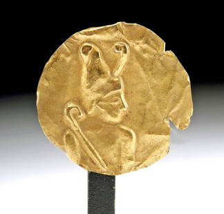 Egyptian Gold Applique Depicting a Pharaoh: Egypt, Late Dynastic Period, 26th to 31st Dynasty, ca. 664 to 332 BCE. A petite applique of a circular form that is shaped from a sheet of 83% gold (equivalent to 18K+ gold). Presented in repousse on