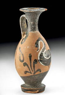 Greek Apulian Lekythos w/ Swan, Pagenstecher Class: Greece, Magna Graecia, southern Italy, Apulia, Pagenstecher Class, ca. 340 to 325 BCE. A charming lekythos (oil pouring vessel), with an oblong body that narrows to a cylindrical neck and flares to a