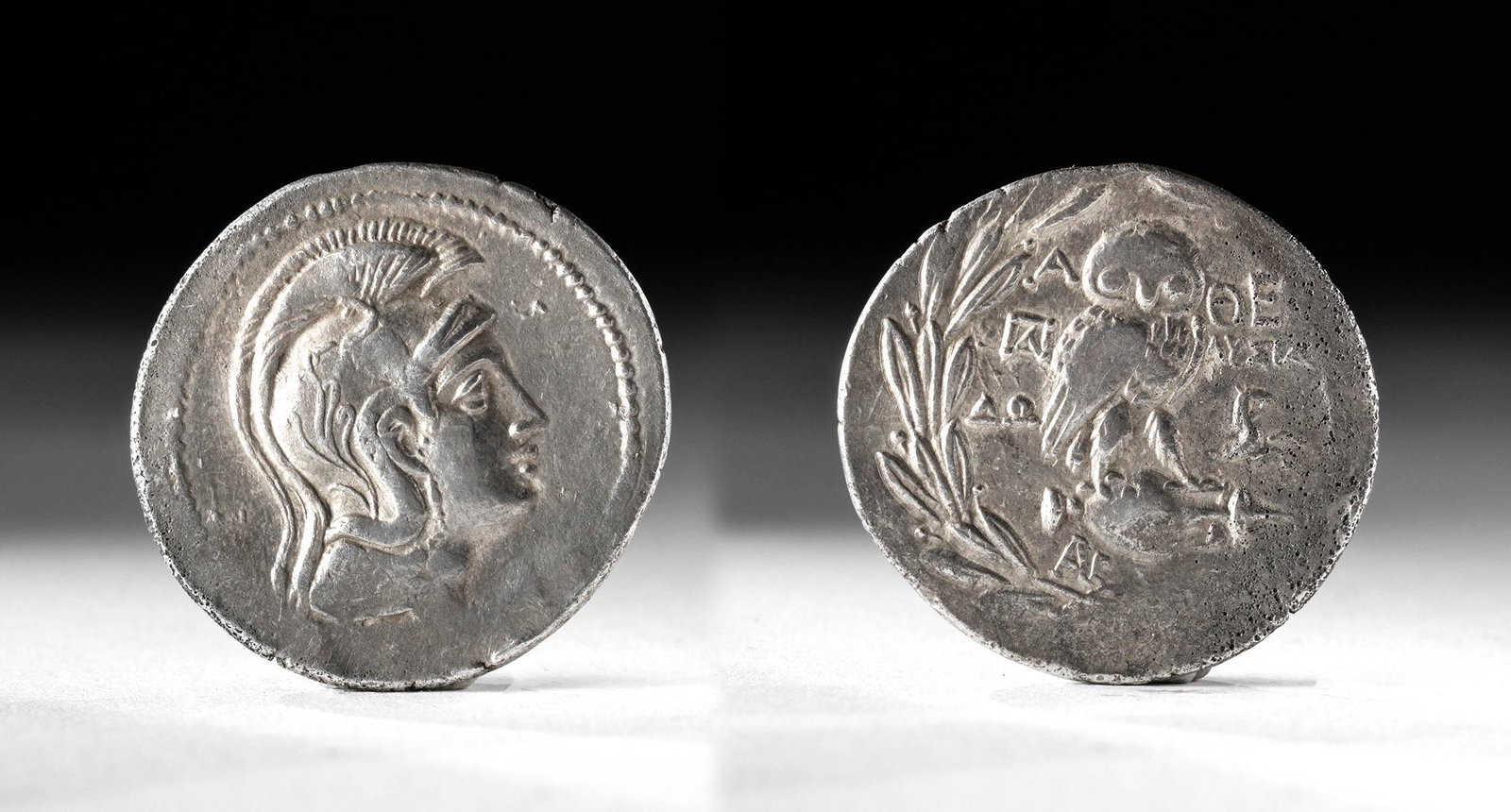 Greek Attica Silver Tetradrachm - Athena: Greece, Hellenistic Period, Attica, Athens, ca. 145 to 144 BCE. Silver tetradrachm. New Style coinage. Helmeted head of Athena Parthenos right / Owl standing right, head facing, on amphora, head front