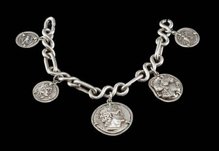 Ancient Greek Silver Coins on Silver Bracelet: Greece / Egypt / Phoenicia, Athens / Macedonia / Alexandria / Aradus / Tyre, ca. 449 to 156 BCE. A stunning, high quality silver bracelet comprised of five ancient Greek silver coins, each framed