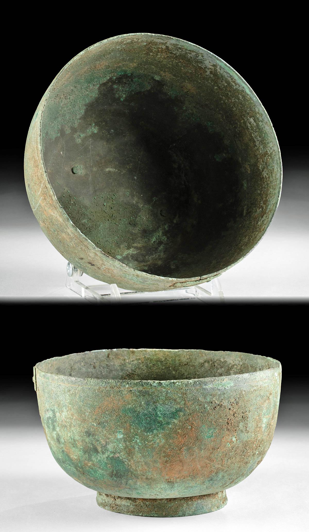 Korean Koryo Dynasty Leaded Bronze Beggar's Bowl: East Asia, Korea, Koryo (also Goryeo) Dynasty, ca. 12th to 13th century CE. A hammered leaded bronze bowl used by beggars to request small donations of money, food, or other items. The hemispherical v