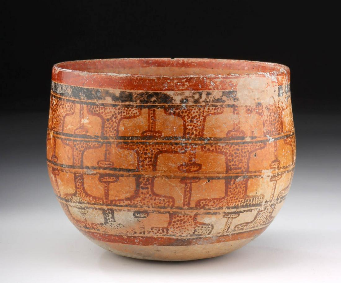 Maya Peten Polychrome Pottery Bowl: Pre-Columbian, Peten Region, Guatemala, Maya, Late Classic, ca. 550 to 850 CE. Lovely Maya polychrome bowl decorated with 4 bands of abstract glyphoids - possibly a variant to a "mat" glyph or perhaps