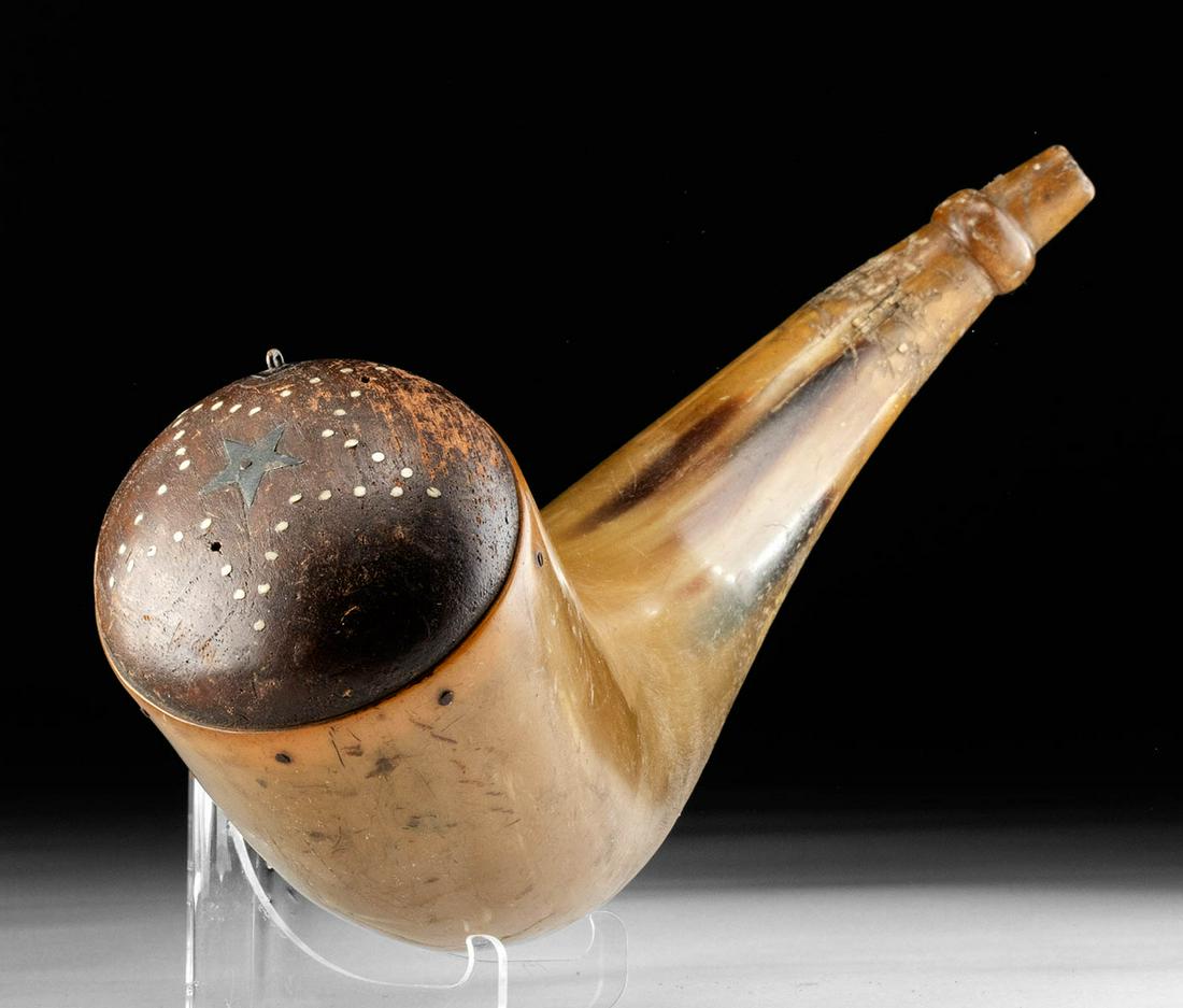 19th C. American Powderhorn - Wood Base w / Star Design: North America, United States, ca. early to mid-19th century CE. An elegant antique powderhorn comprised of a bison horn body naturally curved to a tapered spout embellished with a raised ring near its