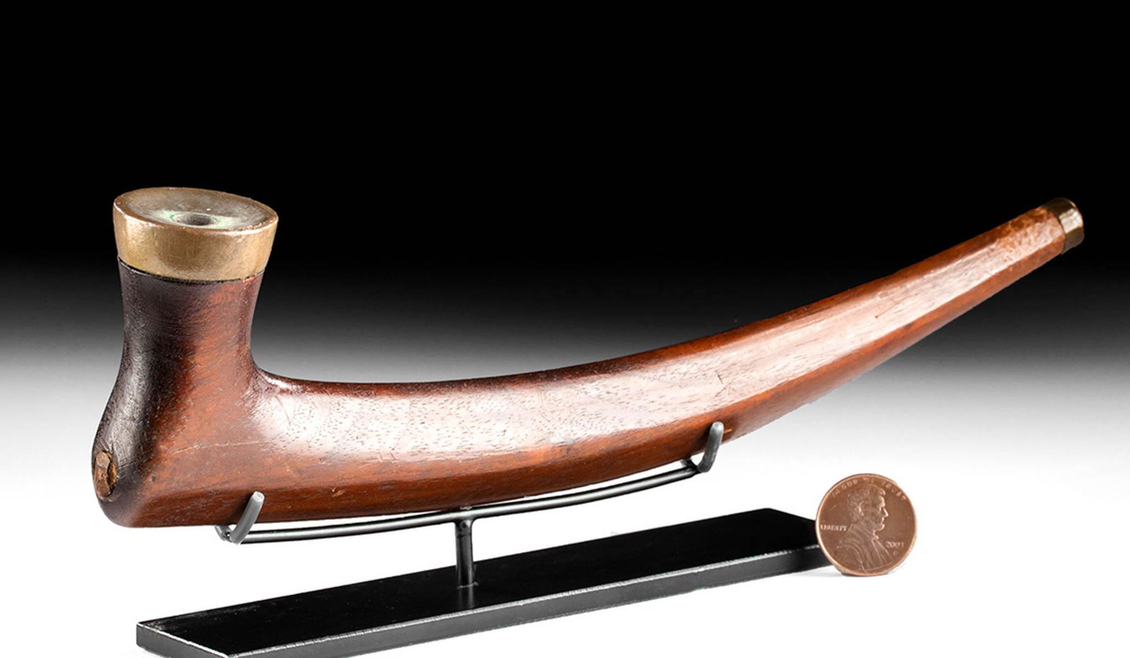 19th C. Greenlandic Inuit Wood & Brass Hand Pipe (1 of 4)