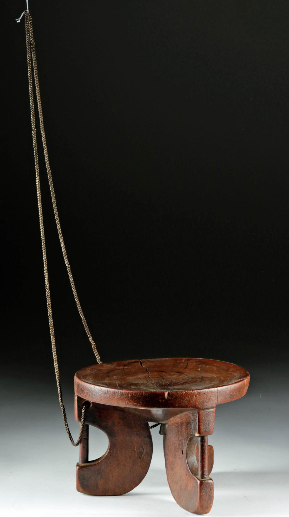 20th C. Ethiopian Colonial Wood Stool w/ Bronze Chain (1 of 6)
