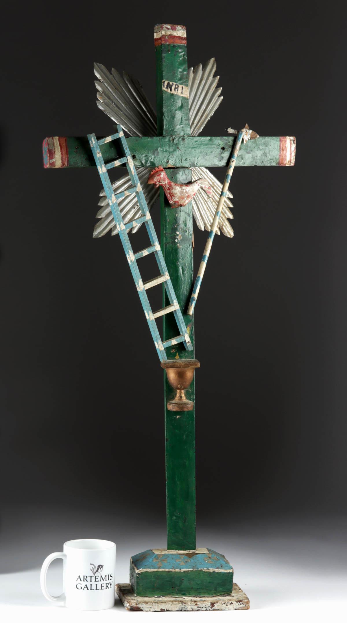 20th C. Spanish Colonial Painted Wood Cross Folk Art (1 of 4)