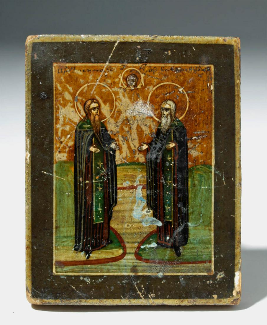 19th C. Russian Icon - Saints Zosimus and Sabbatius: **Originally Listed At $250** Eastern Europe, Russia, ca. 19th century CE. Finely painted in egg tempera and gold leaf on wood, this icon depicts Saints Zosimus and Sabbatius standing in profile and f