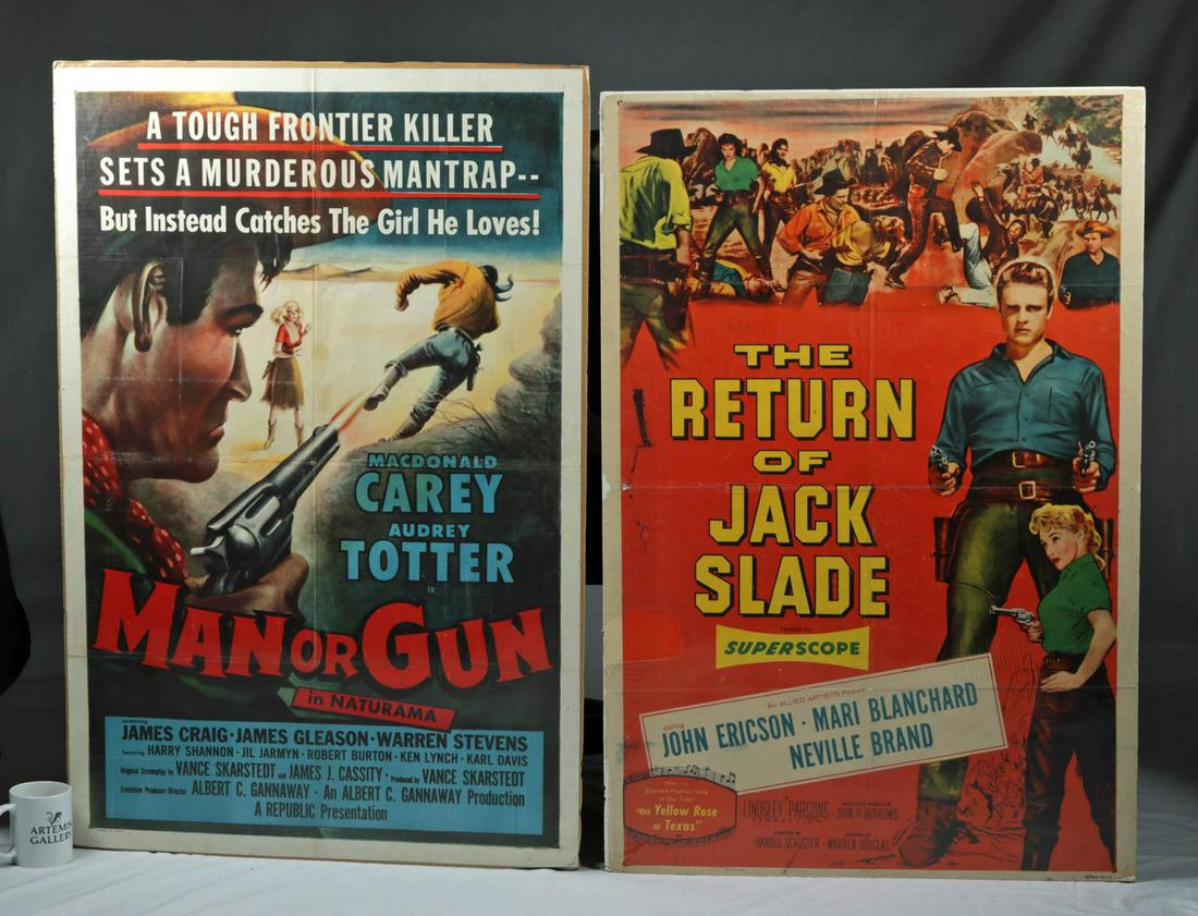 Two Original Movie Posters - American Westerns, 1950s: **Originally Listed At $150** "The Return of Jack Slade- Filmed in Superscope - An Allied Artists Picture starring John Ericson, Mari Blanchard, and Neville Brand" - 1955. Number 55/443. ALSO "Macdona