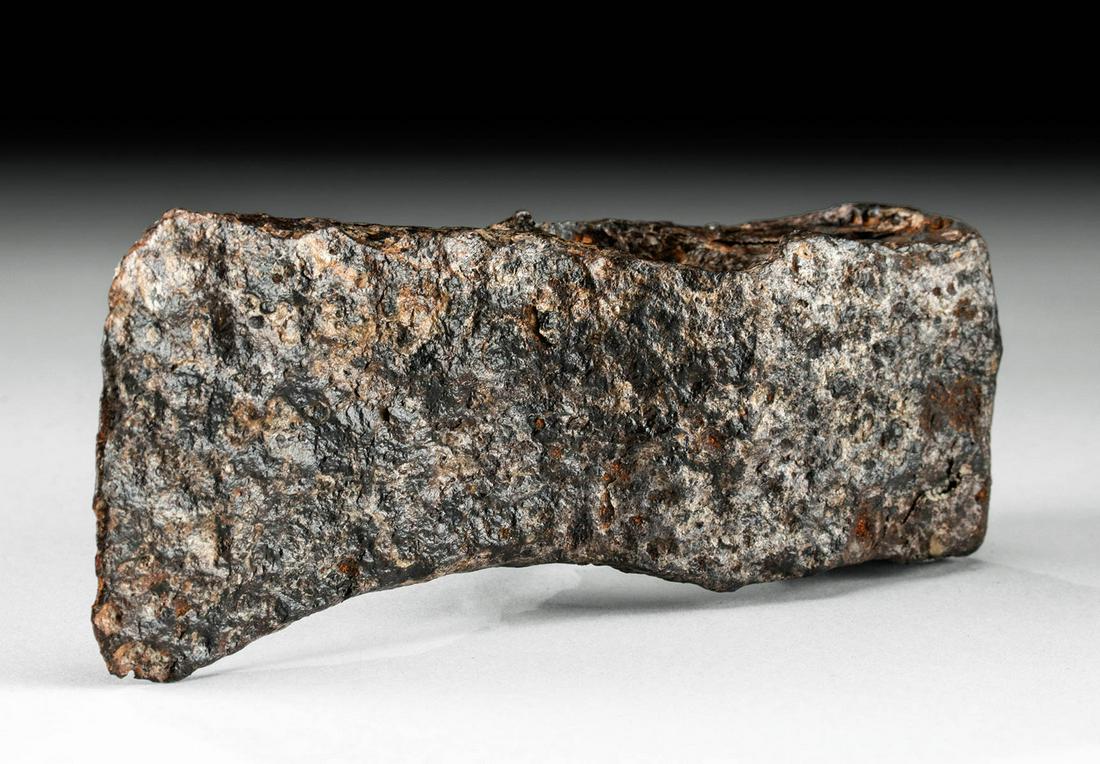 8th C. Viking / Norse Iron Axe Head: **Originally Listed At $350** Northern Europe, Scandinavia, Viking or Norse culture, ca. 8th to 10th century CE. A forged-iron axe head of a minimalist design with a vertical blade edge, a stocky neck