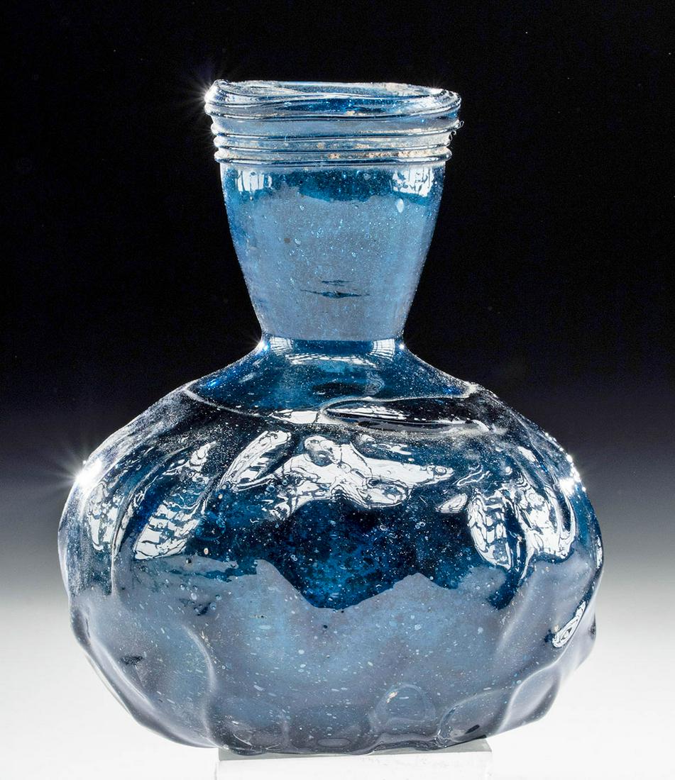 Islamic Glass Bottle - Cobalt Blue w/ Gorgeous Pattern: **Originally Listed At $700** Ancient Near East, Persia, ca. 9th to 12th century CE. A stunning free-blown glass vessel of remarkable cobalt blue hues, the voluminous body mold-patterned with a variat