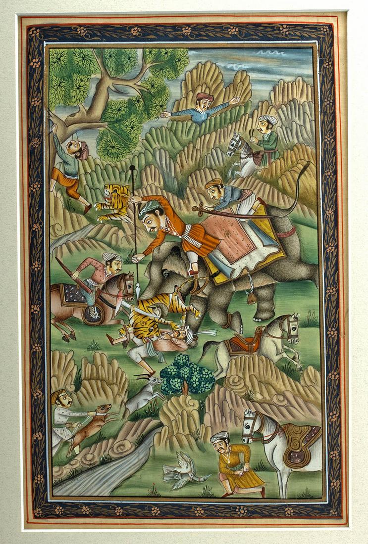 19th C. Indian Mughal Painting on Fabric - Tiger Hunt: **First Time At Auction** South Asia, India, Mughal Period, ca. late 19th to early 20th century CE. Finely delineated in rich jewel tone pigments and gold leaf on fabric, an action-packed painting of 