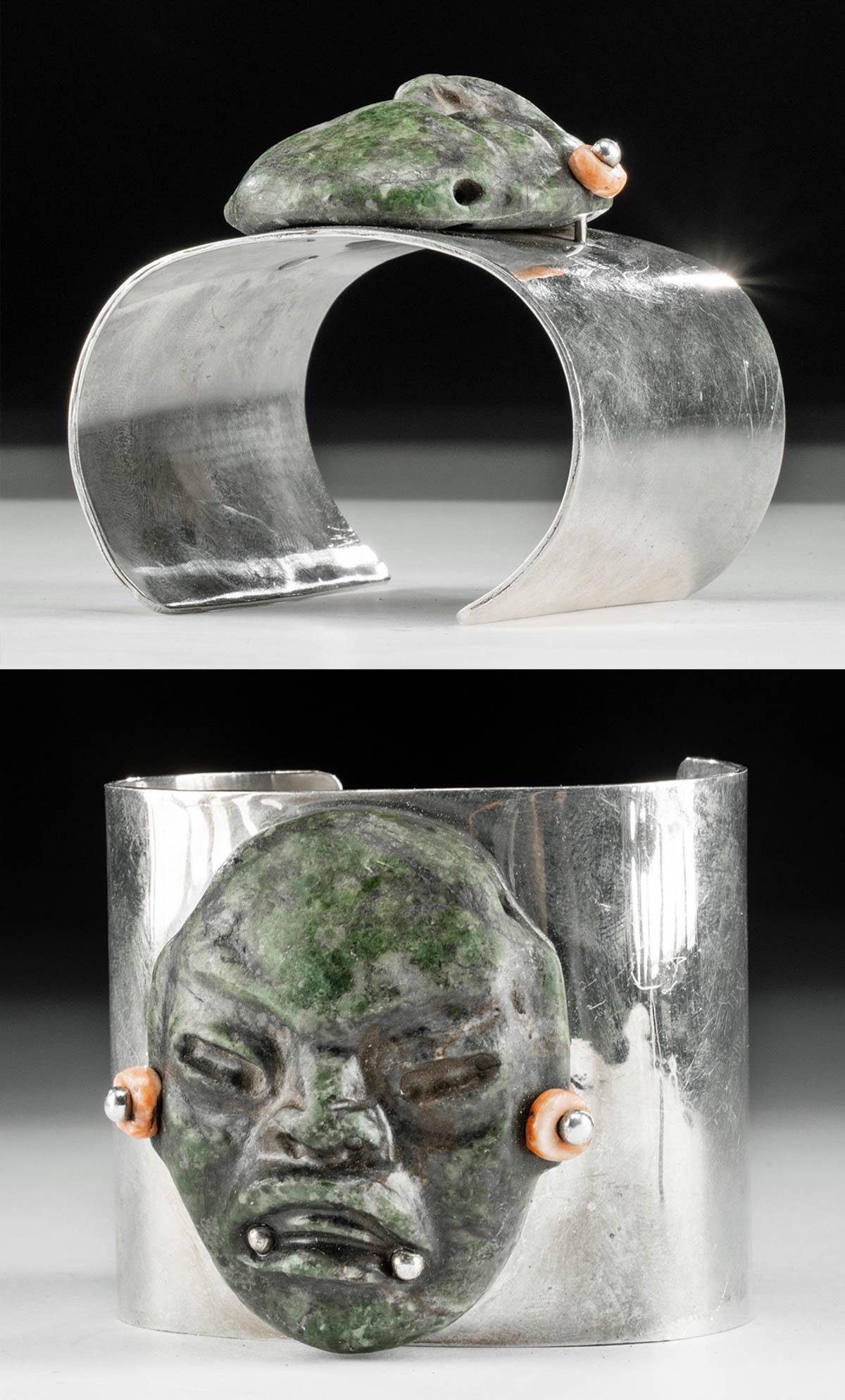 20th C. Spratling Silver Cuff w/ Olmec Stone Maskette: **First Time At Auction** (Silver cuff) William Spratling (American, 1900-1967), Mexico, 20th century. (Maskette) Pre-Columbian, Southern Mexico to Guatemala, Olmec, ca. 1100 to 500 BCE. A stunning 95