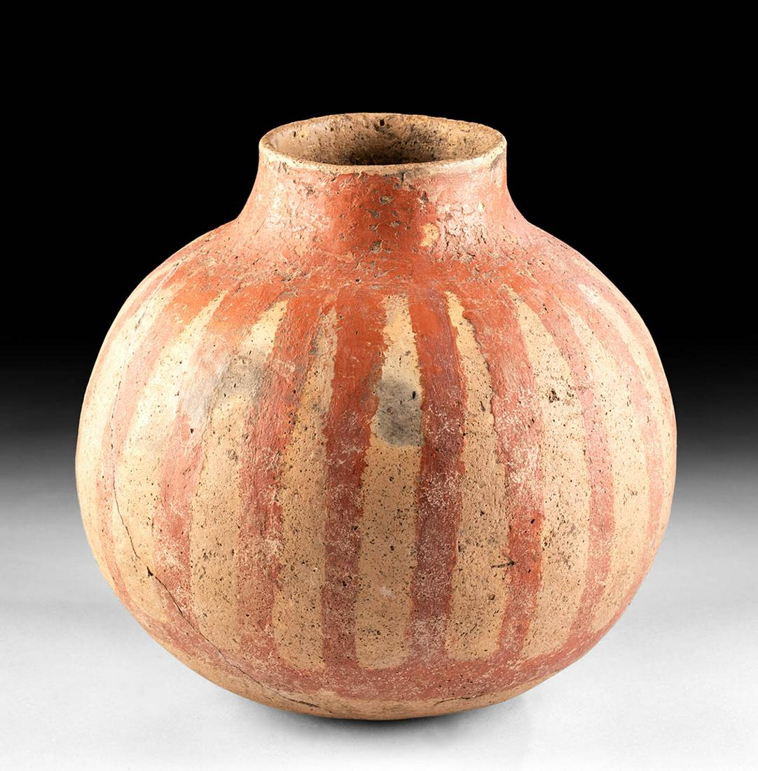 Native American Mississippian Bi-chrome Vessel w/ TL: Native American, Southern United States, Mississippi County Arkansas, ca. 1360 to 1500 CE. An attractive hand-built pottery vessel painted with a red on white slip. The vessel rests on a rounded base