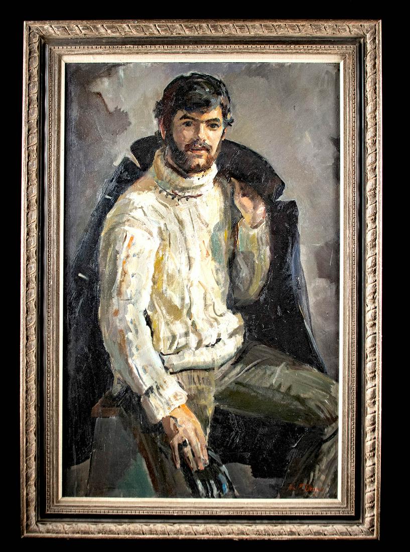 Exhibited William Draper Portrait Painting - Eric, 1969: William Franklin Draper (American, 1912-2003). "Eric" - oil on canvas, 1969. Signed "Wm. F. Draper" on lower right. An impressive portrait of a young man by American artist William Draper. The subject