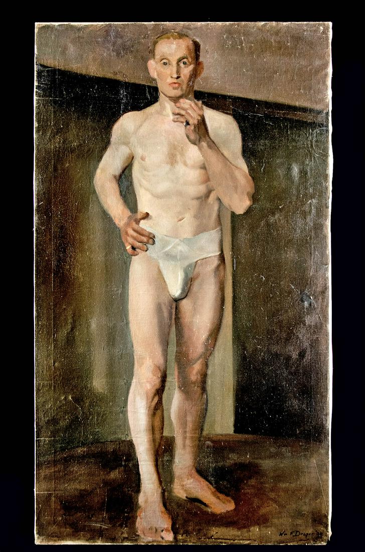 Signed William Draper Painting - Man in Underwear, 1934: William Franklin Draper (American, 1912-2003). Man in Underwear - Oil on canvas - 1934. Signed and dated "Wm. F. Draper '34" on lower right. A large-scale painting of a male subject, standing in the n