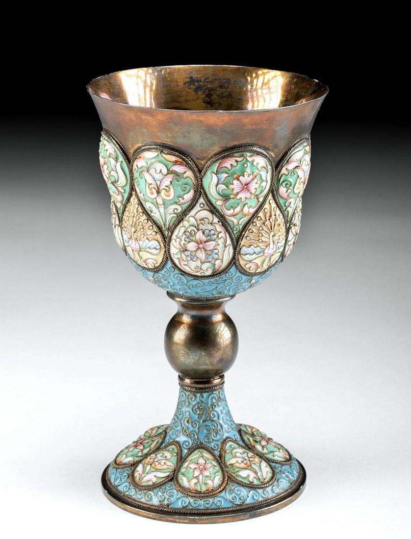 1908 Imperial Russian Gilt Silver / Cloisonne Chalice: Eastern Europe, Russia, St. Petersburg, Imperial Period ca. 1908 to 1917 CE. A pretty high quality silver (92.5%) chalice with a gold wash and a classic bell shaped cup adorned with cloisonne patterns