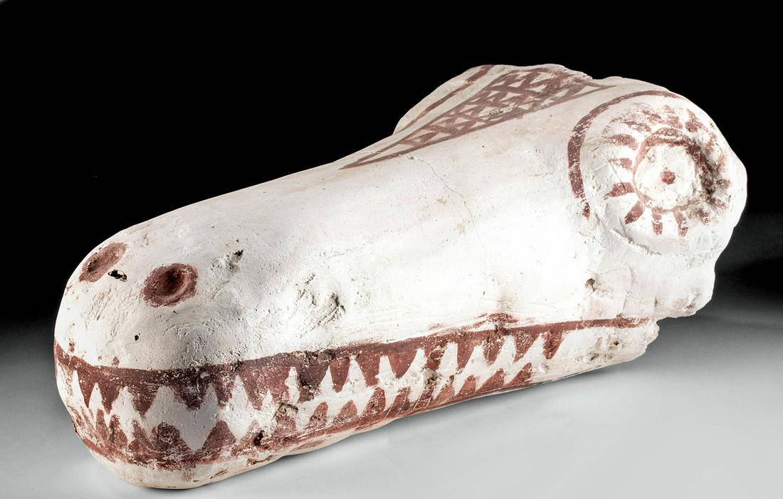 Romano-Egyptian Mummy Mask - Crocodile Head: Egypt, Romano-Egyptian period, ca. 1st to 2nd century CE. A wonderful hollow-molded plaster mummy mask for a crocodile, perhaps meant as an offering to Sobek, the crocodile-headed god of fertility and